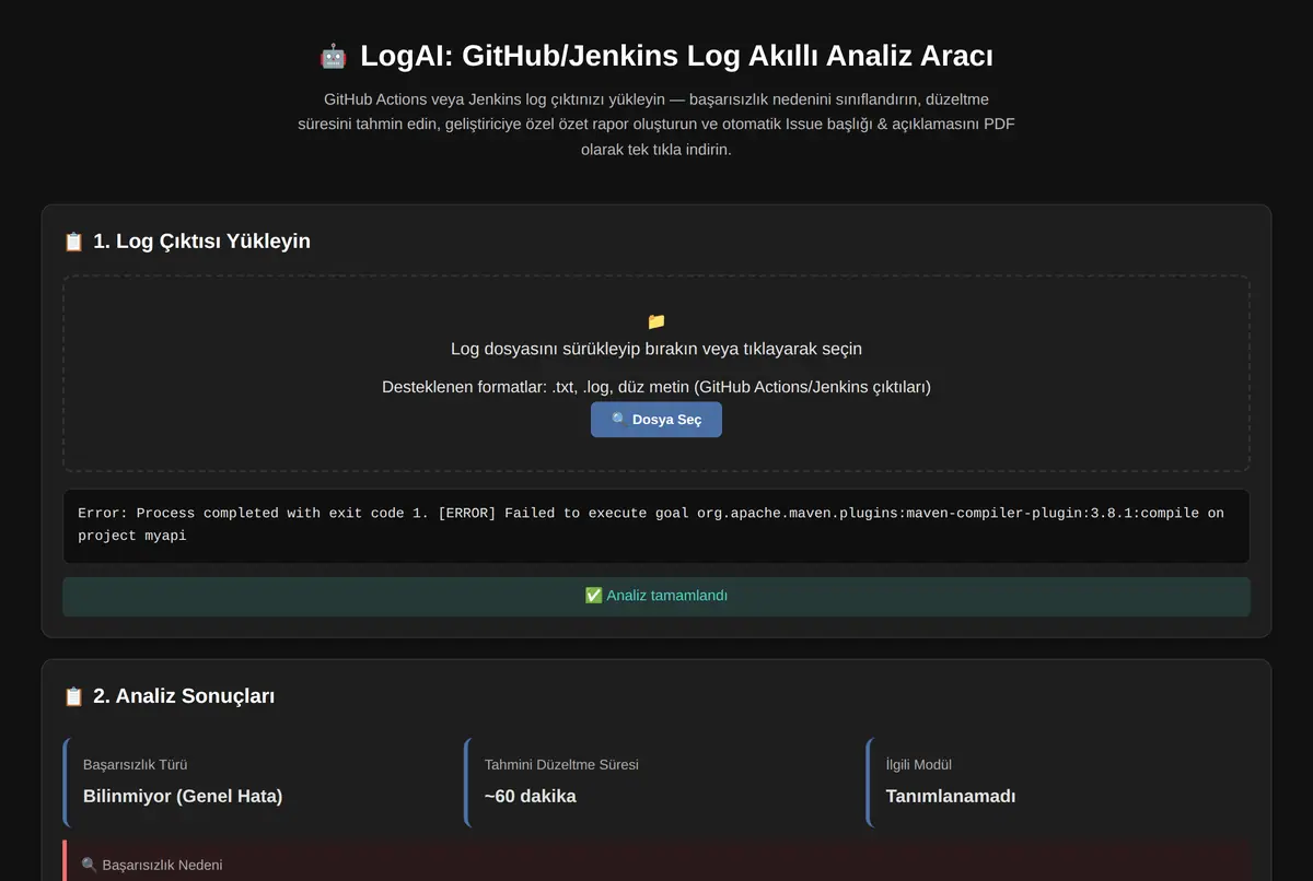 LogAI: GitHub/Jenkins Log Akıllı Analiz Aracı ekran görüntüsü 2
