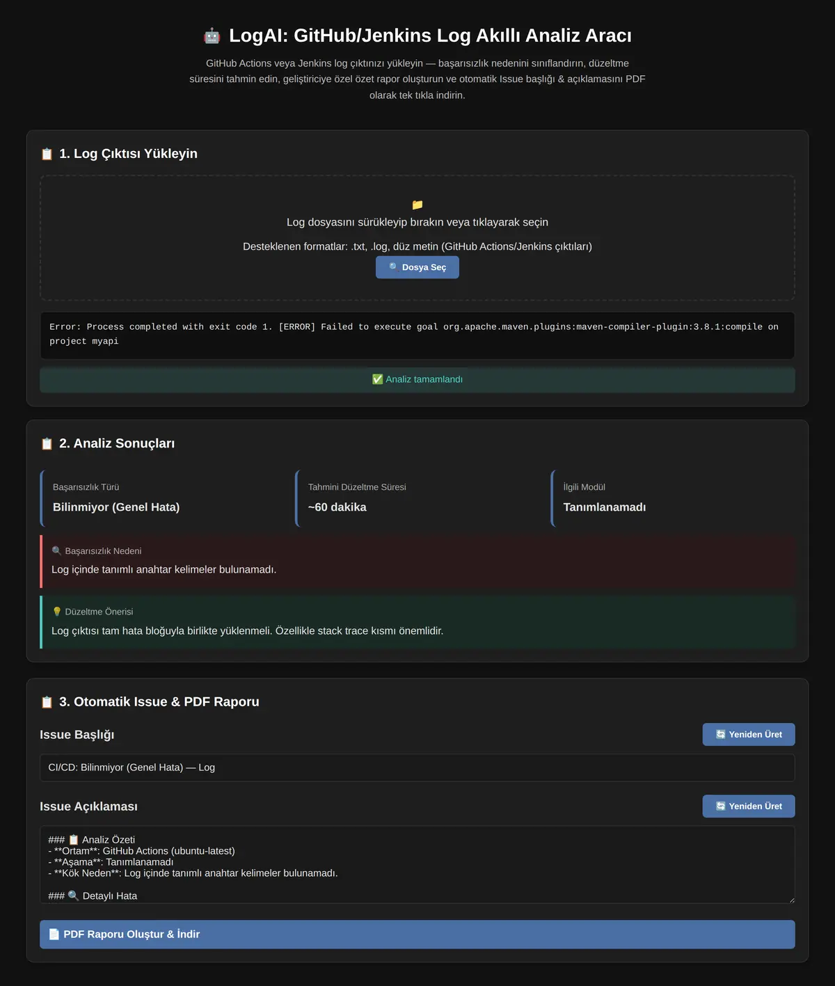 LogAI: GitHub/Jenkins Log Akıllı Analiz Aracı ekran görüntüsü 3