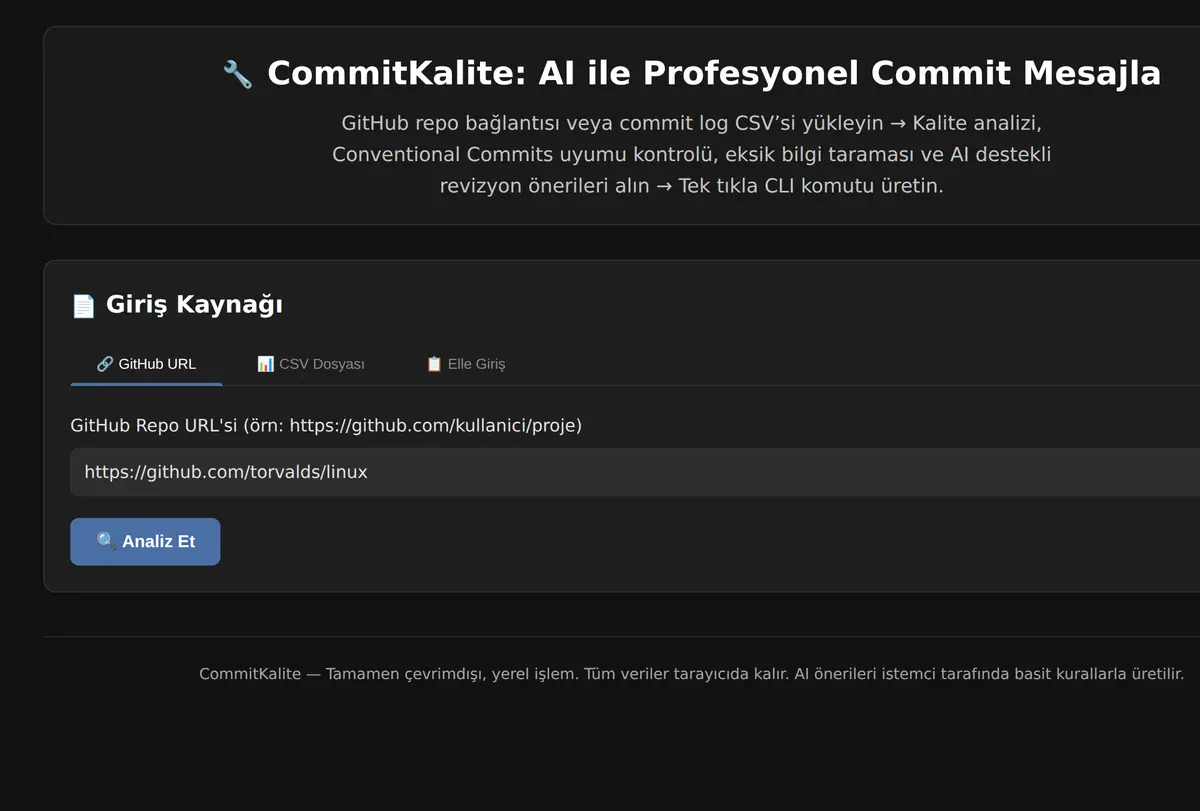 CommitKalite: AI ile Profesyonel Commit Mesajla ekran görüntüsü