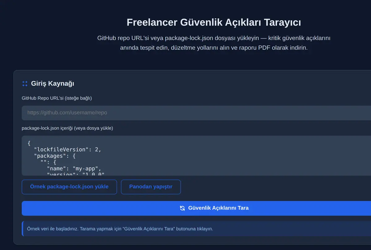 Freelancer Güvenlik Açıkları Tarayıcı ekran görüntüsü