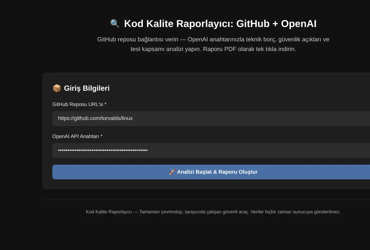Kod Kalite Raporlayıcı: GitHub + OpenAI ekran görüntüsü