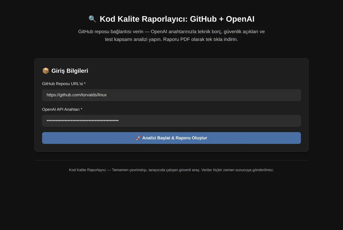 Kod Kalite Raporlayıcı: GitHub + OpenAI ekran görüntüsü 2