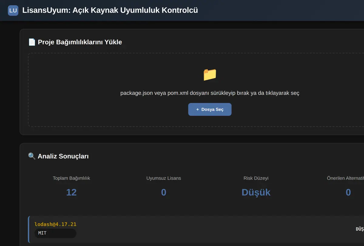 LisansUyum: Açık Kaynak Uyumluluk Kontrolcü ekran görüntüsü