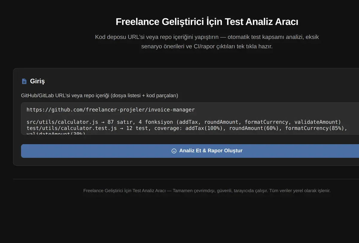 Freelance Geliştirici İçin Test Analiz Aracı ekran görüntüsü