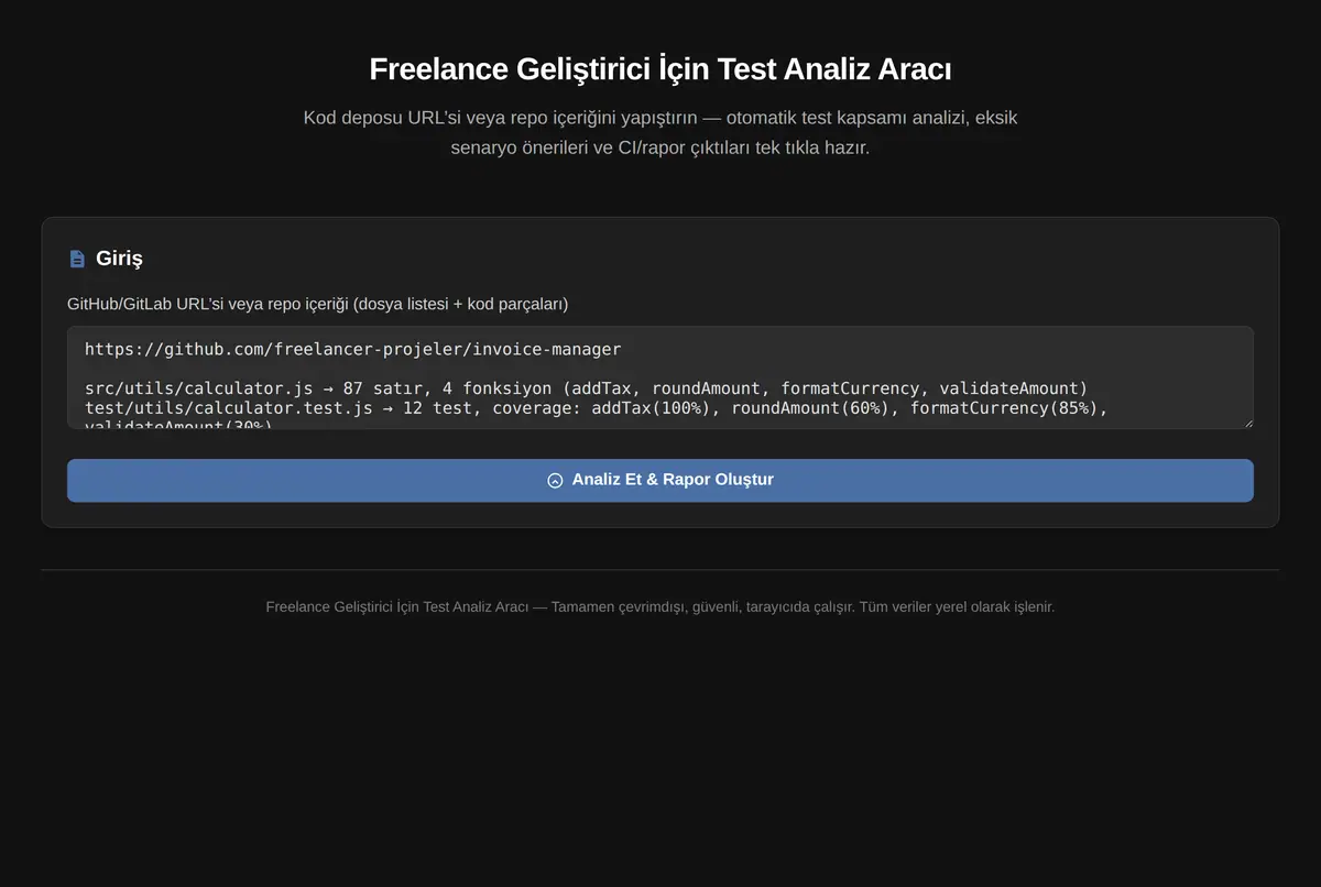 Freelance Geliştirici İçin Test Analiz Aracı ekran görüntüsü 2