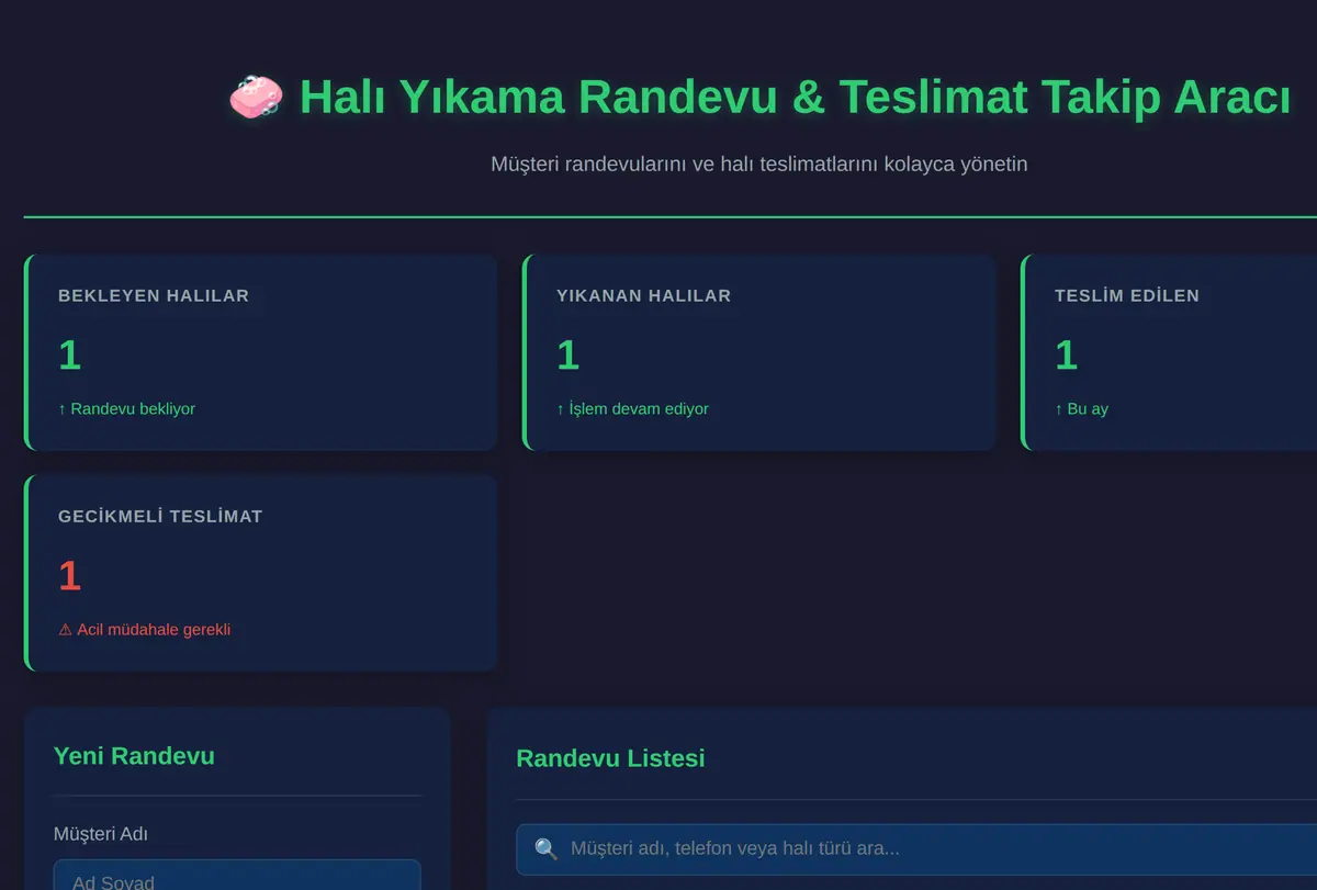 Halı Yıkama Randevu & Teslimat Takip Aracı ekran görüntüsü