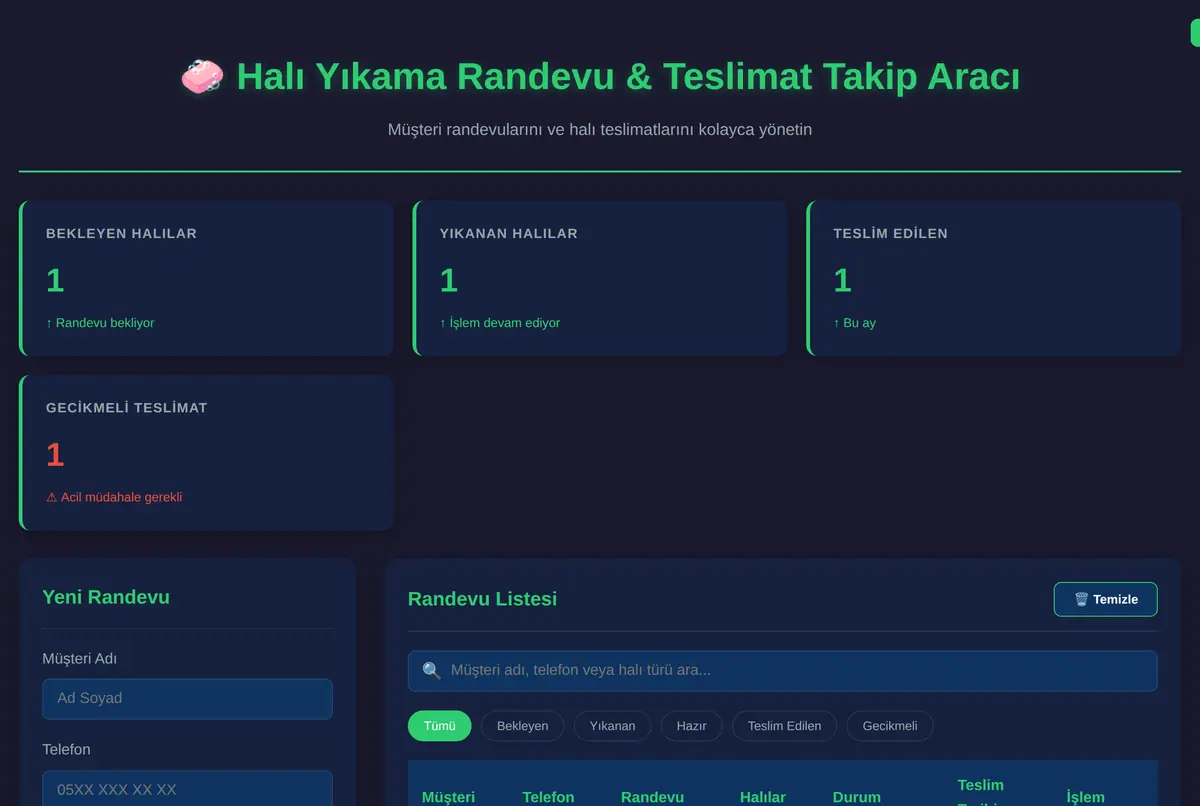 Halı Yıkama Randevu & Teslimat Takip Aracı ekran görüntüsü 2