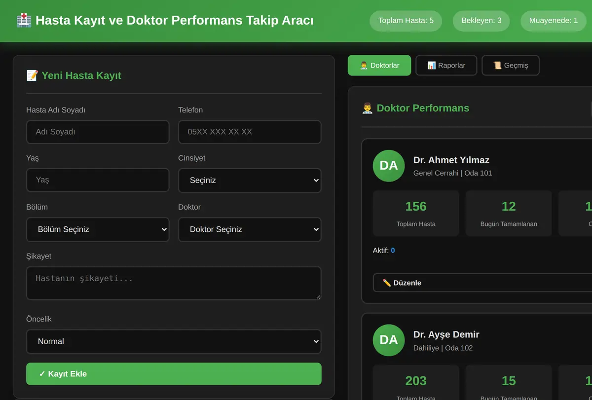 Hasta Kayıt ve Doktor Performans Takip Aracı ekran görüntüsü