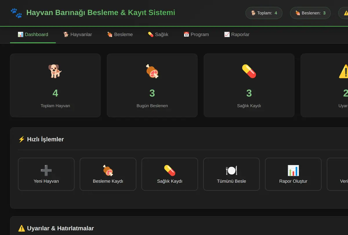 Hayvan Barınağı Besleme & Kayıt Sistemi ekran görüntüsü