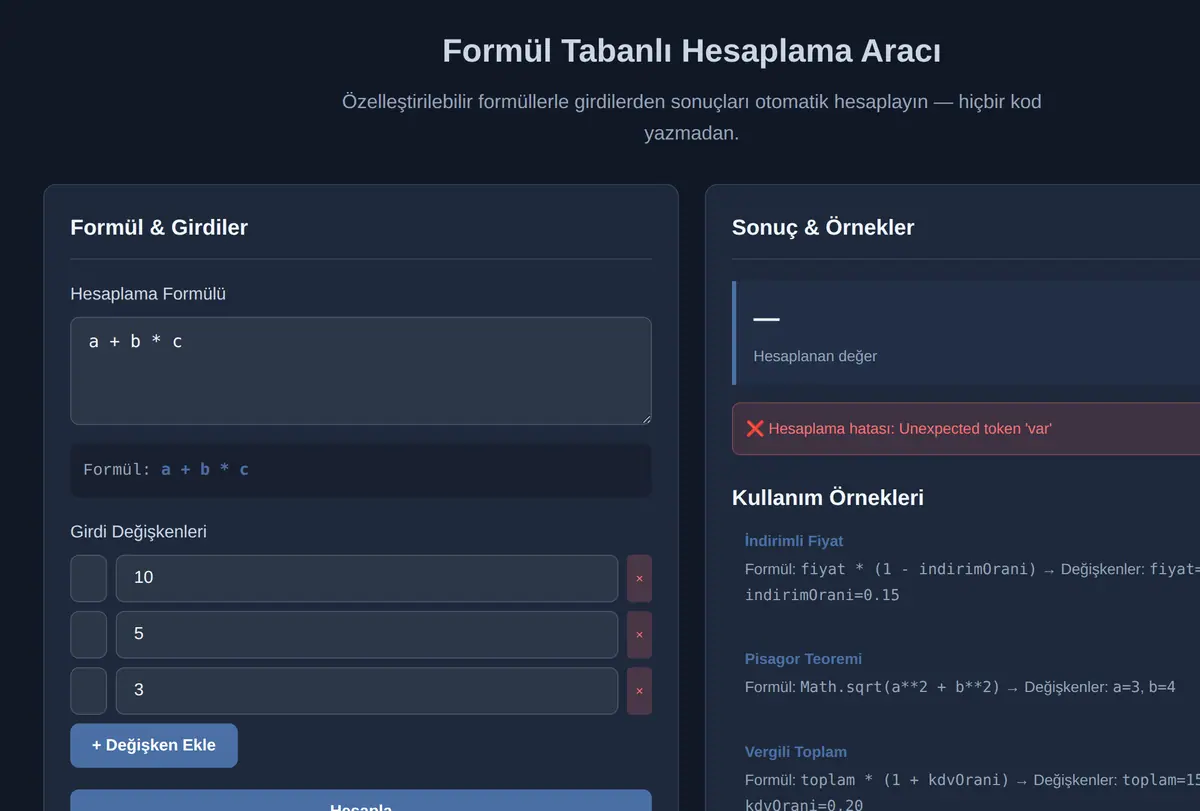 Formül Tabanlı Hesaplama Aracı ekran görüntüsü