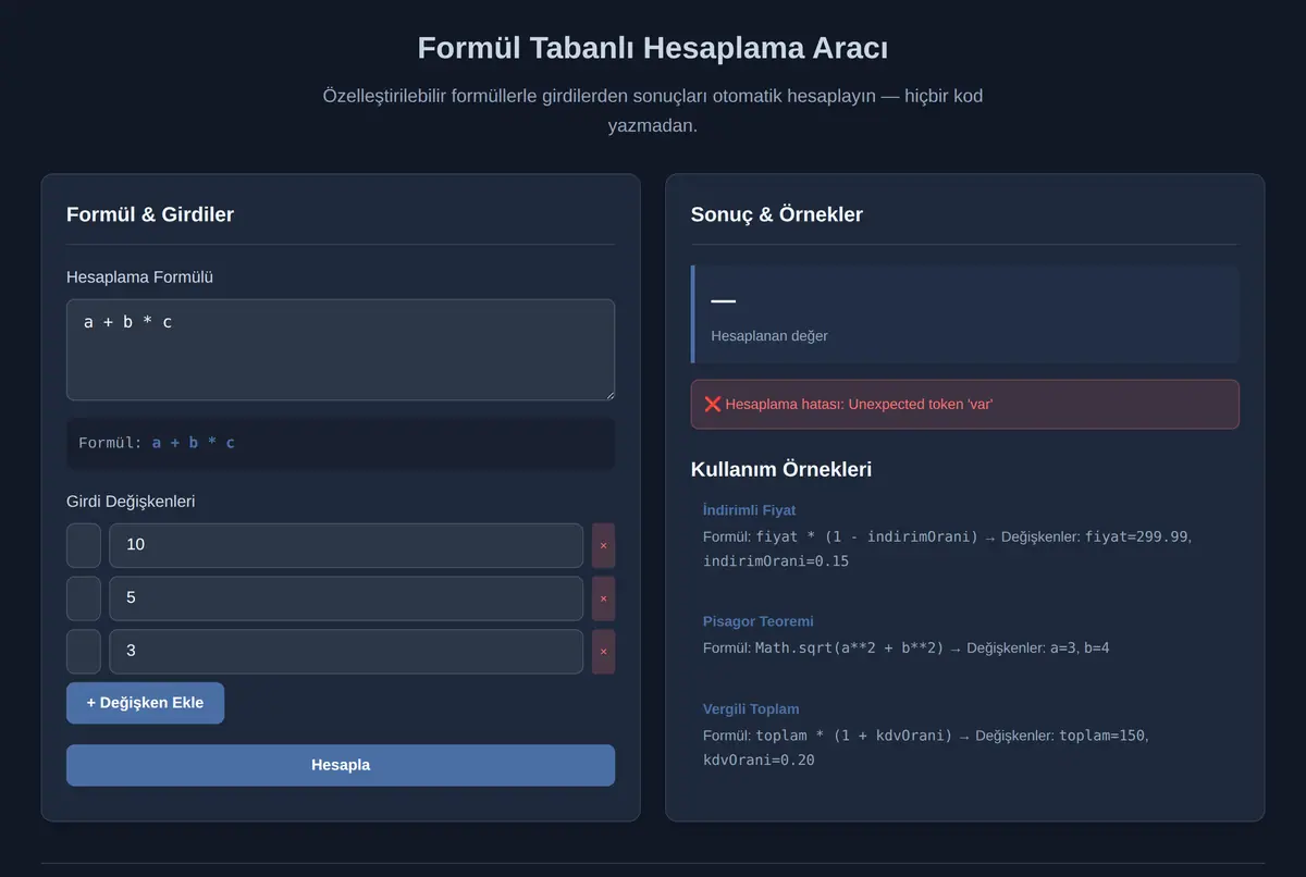 Formül Tabanlı Hesaplama Aracı ekran görüntüsü 2