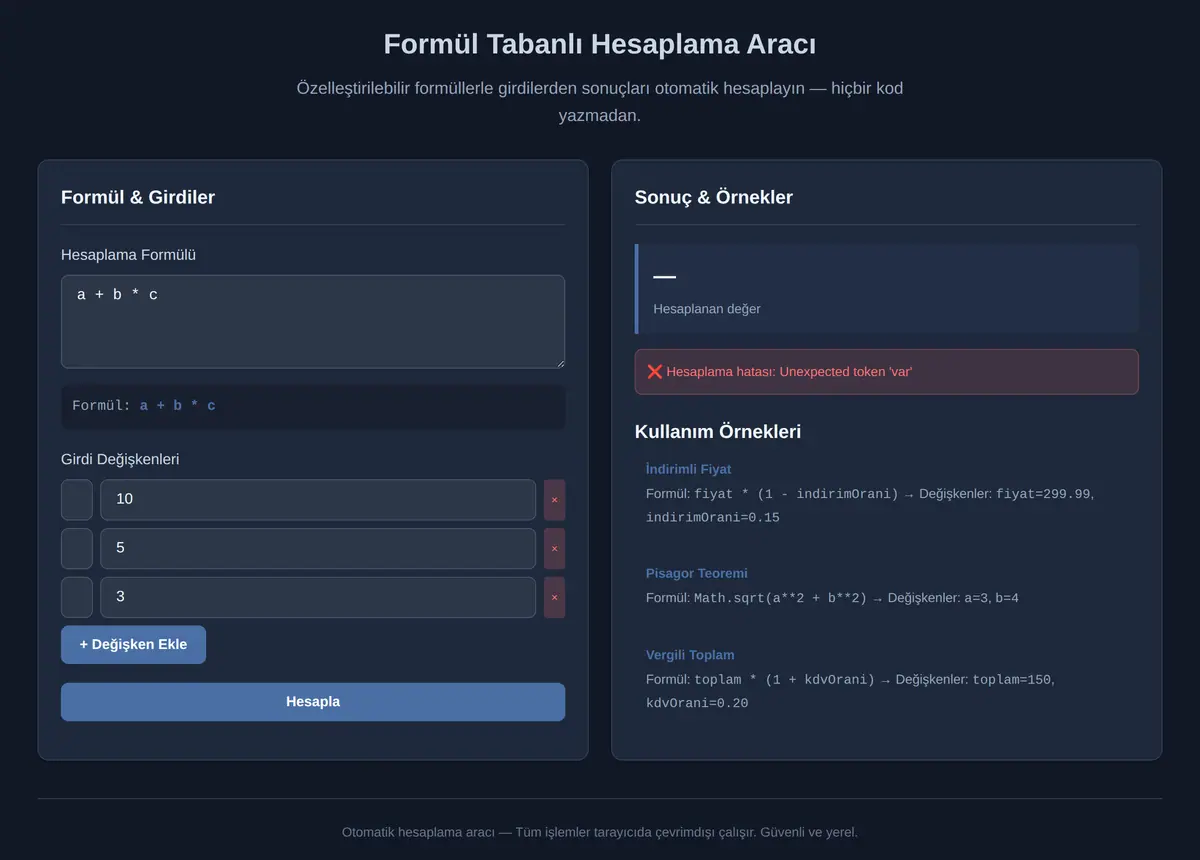 Formül Tabanlı Hesaplama Aracı ekran görüntüsü 3