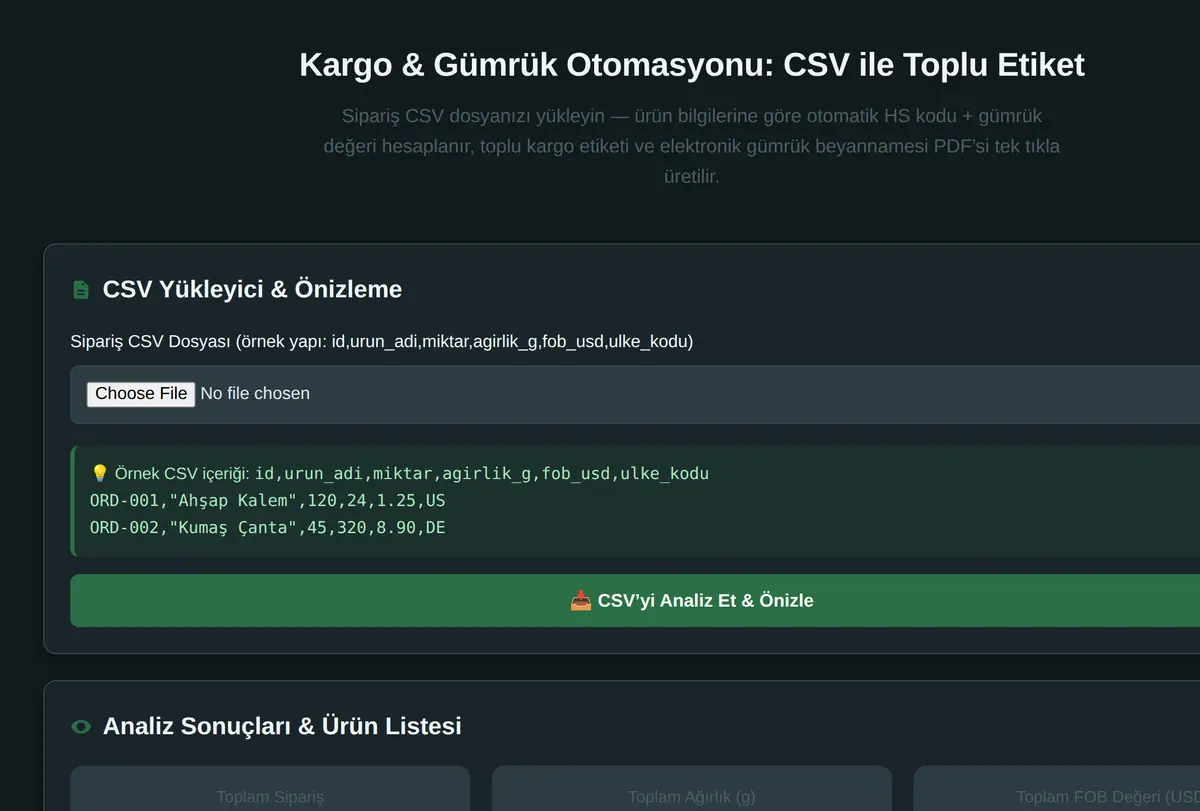 Kargo & Gümrük Otomasyonu: CSV ile Toplu Etiket ekran görüntüsü