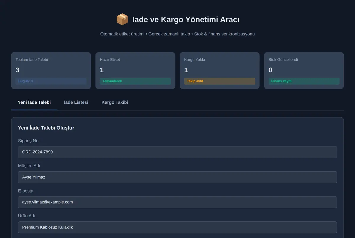 Iade ve Kargo Yönetimi Aracı ekran görüntüsü 2