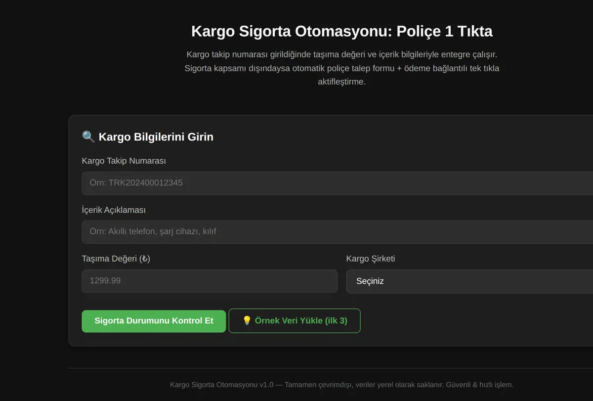 Kargo Sigorta Otomasyonu: Poliçe 1 Tıkta ekran görüntüsü