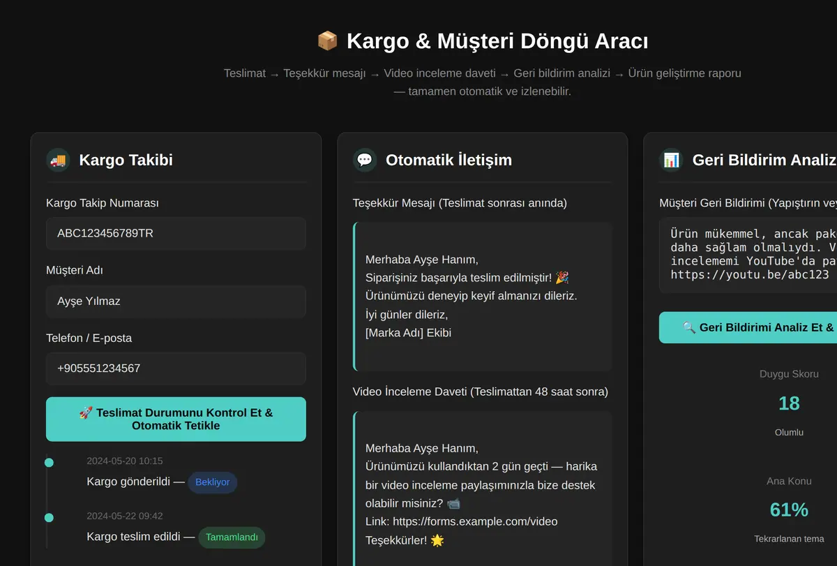 Kargo & Müşteri Döngü Aracı ekran görüntüsü