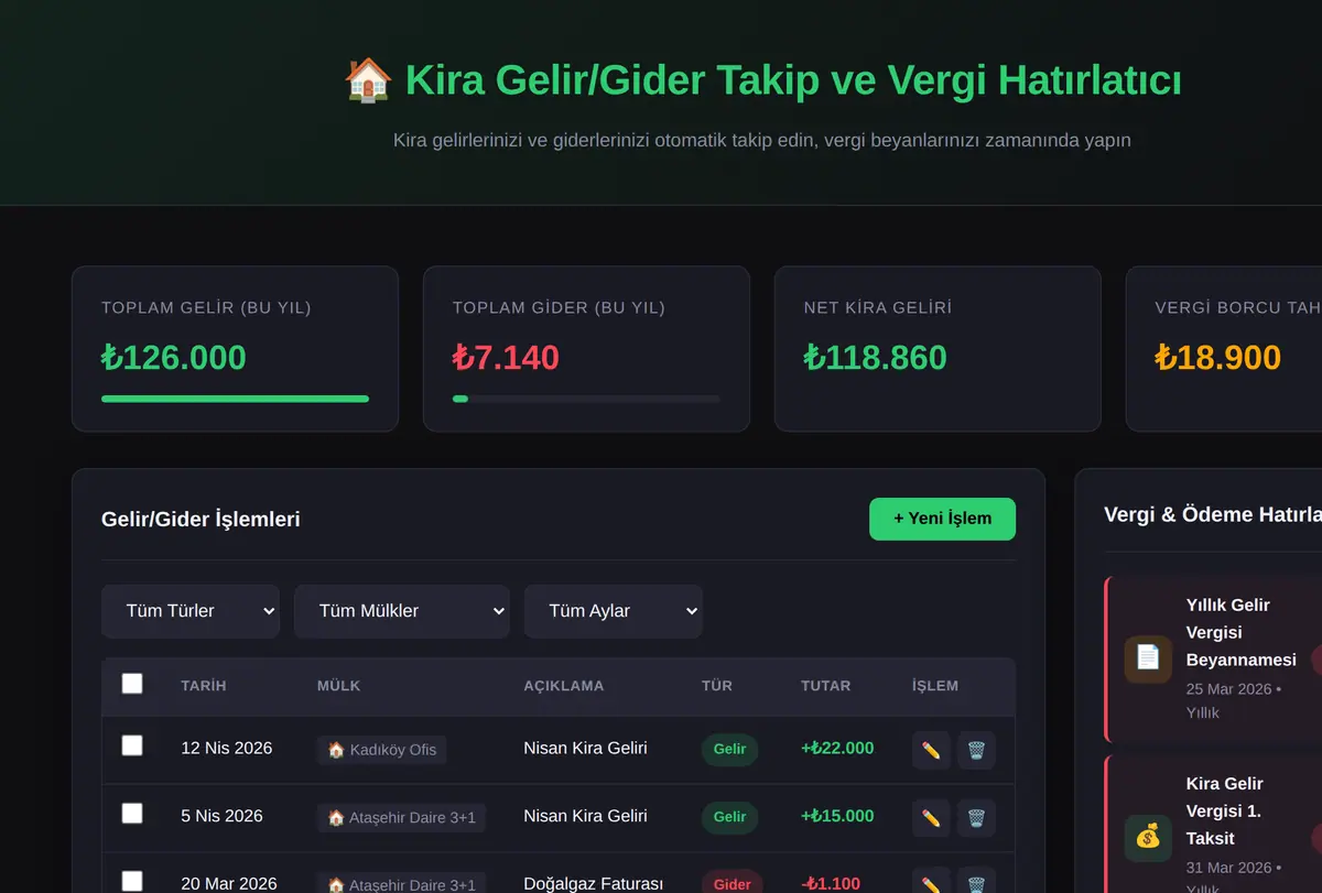 Kira Gelir Gider Takip ve Vergi Hatırlatıcı ekran görüntüsü