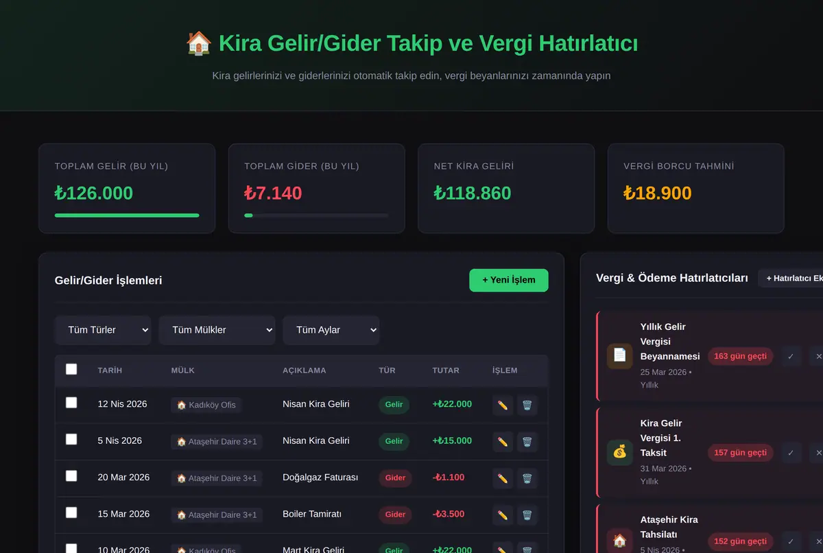 Kira Gelir Gider Takip ve Vergi Hatırlatıcı ekran görüntüsü 2