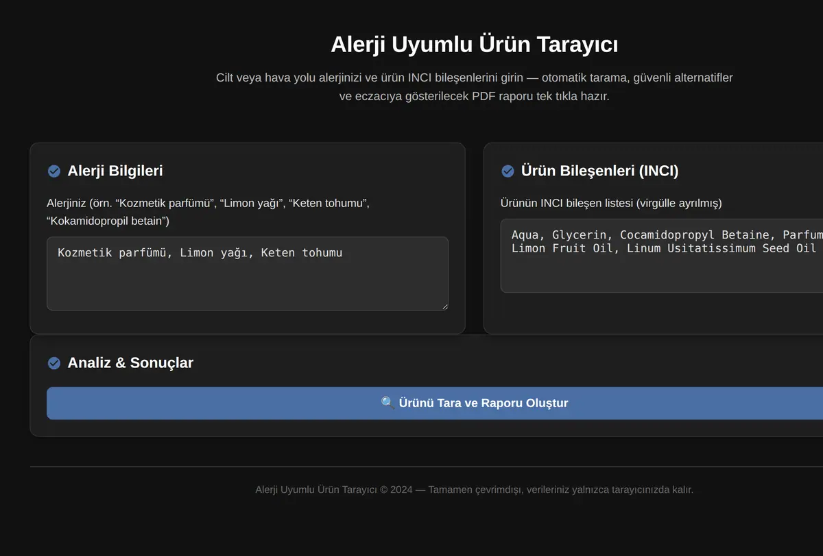 Alerji Uyumlu Ürün Tarayıcı ekran görüntüsü