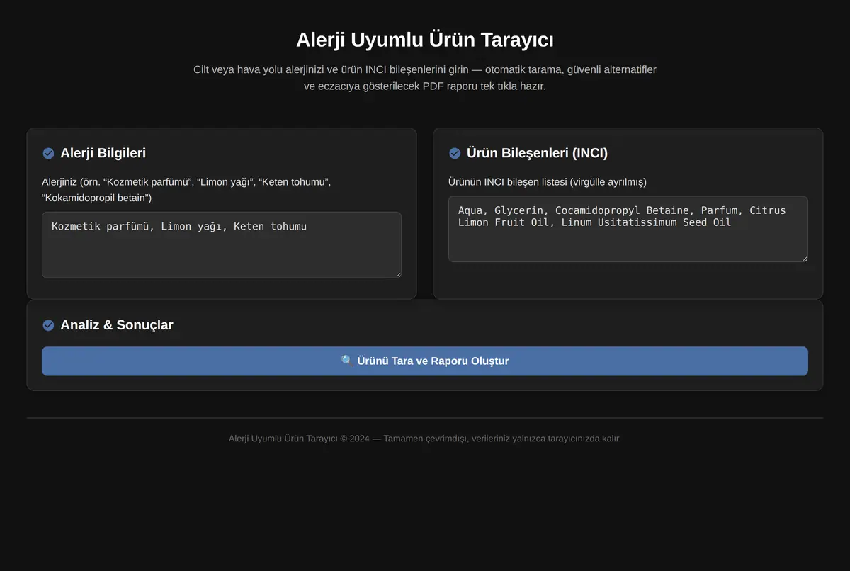 Alerji Uyumlu Ürün Tarayıcı ekran görüntüsü 2