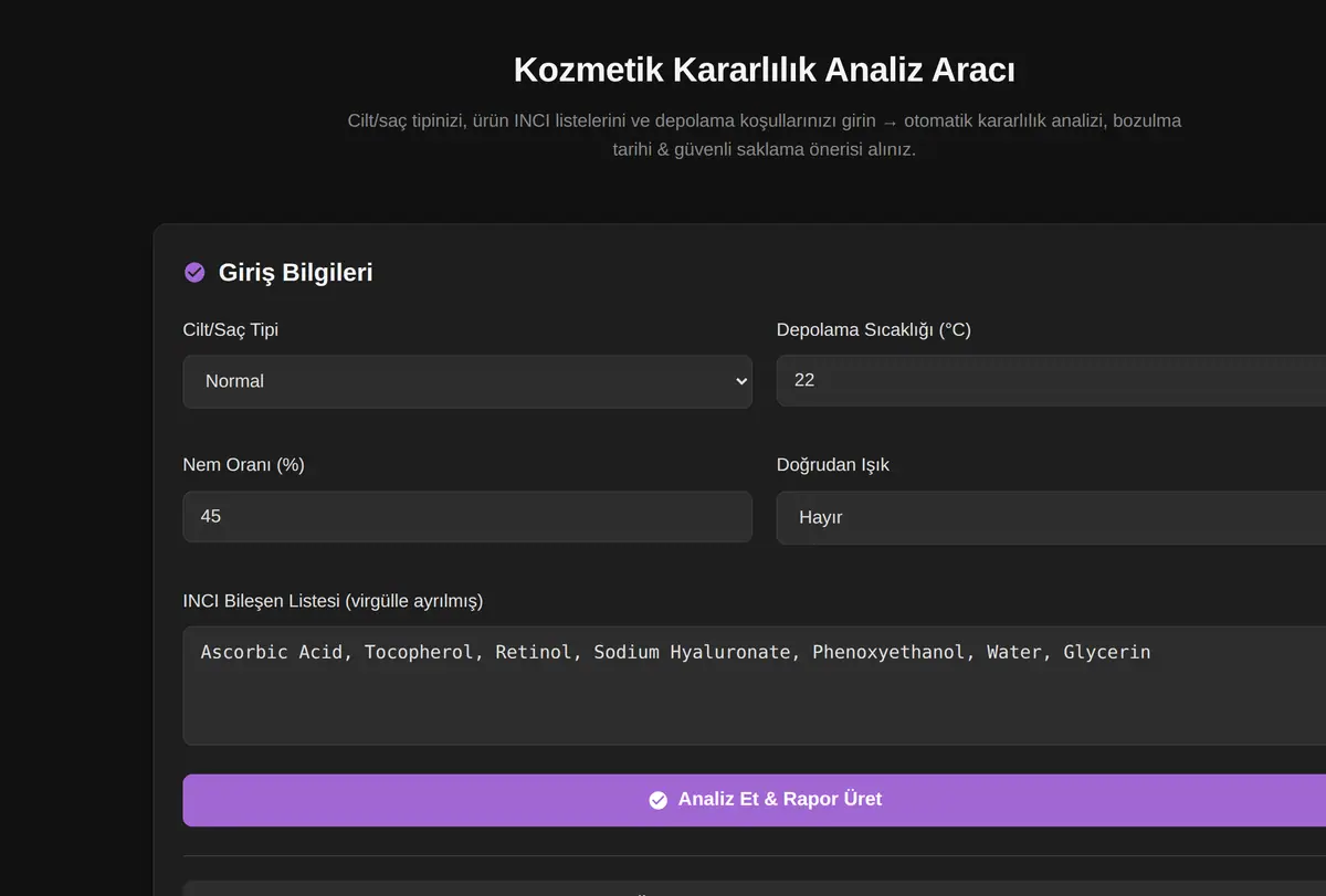 Kozmetik Kararlılık Analiz Aracı ekran görüntüsü
