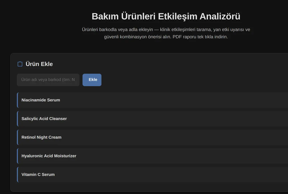 Bakım Ürünleri Etkileşim Analizörü ekran görüntüsü