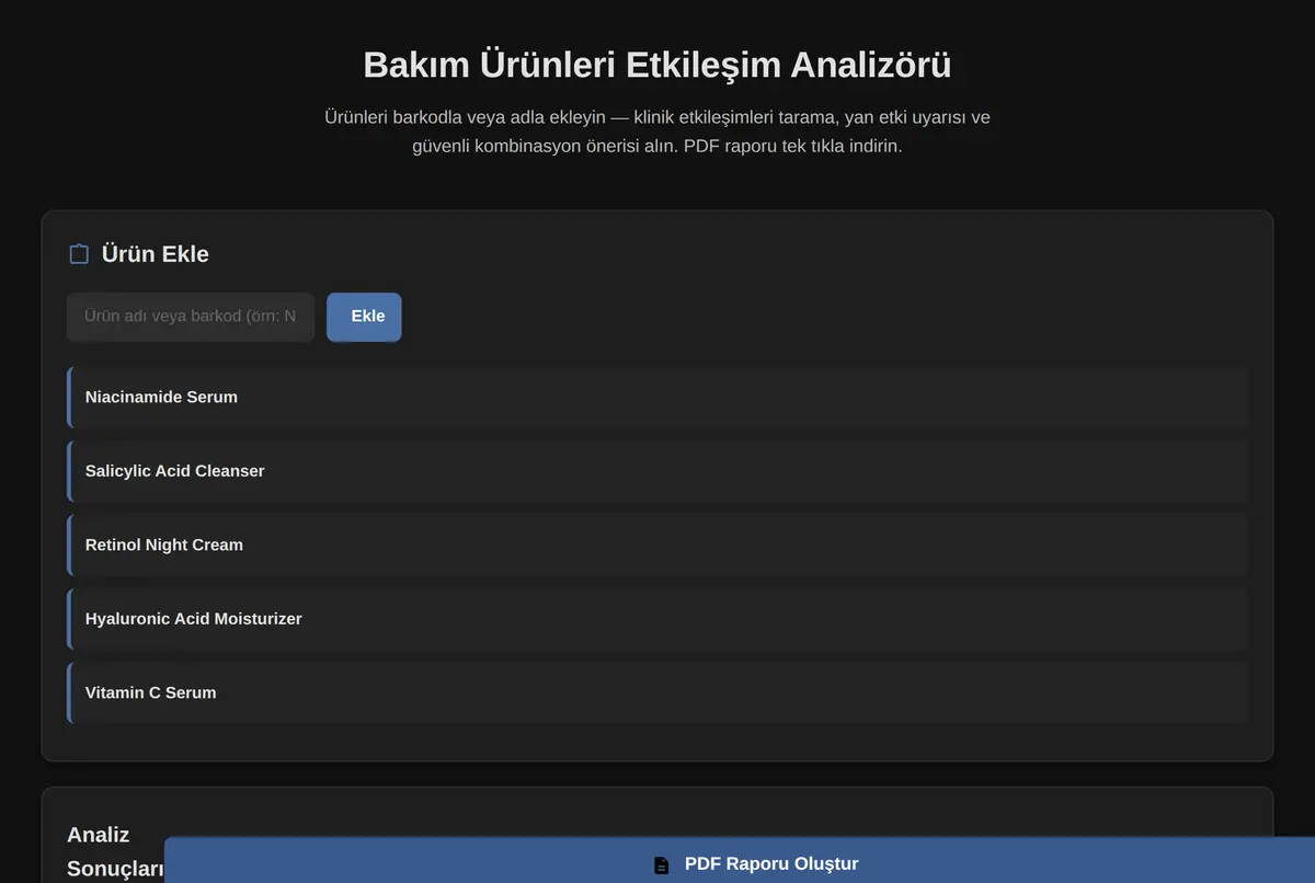 Bakım Ürünleri Etkileşim Analizörü ekran görüntüsü 2