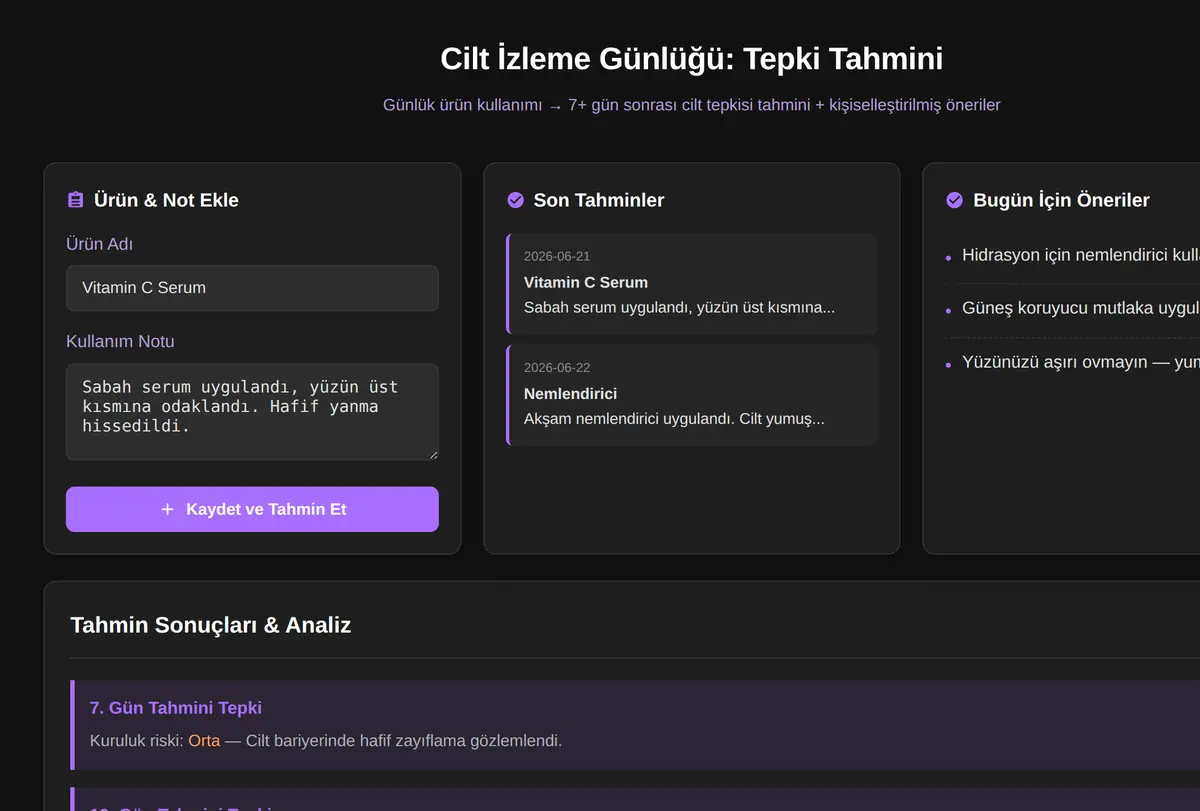Cilt İzleme Günlüğü: Tepki Tahmini ekran görüntüsü