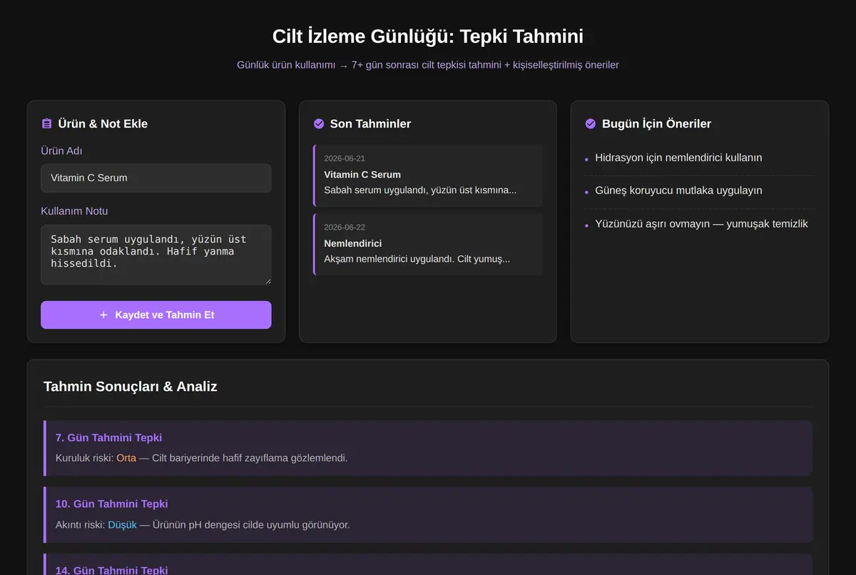 Cilt İzleme Günlüğü: Tepki Tahmini ekran görüntüsü 2