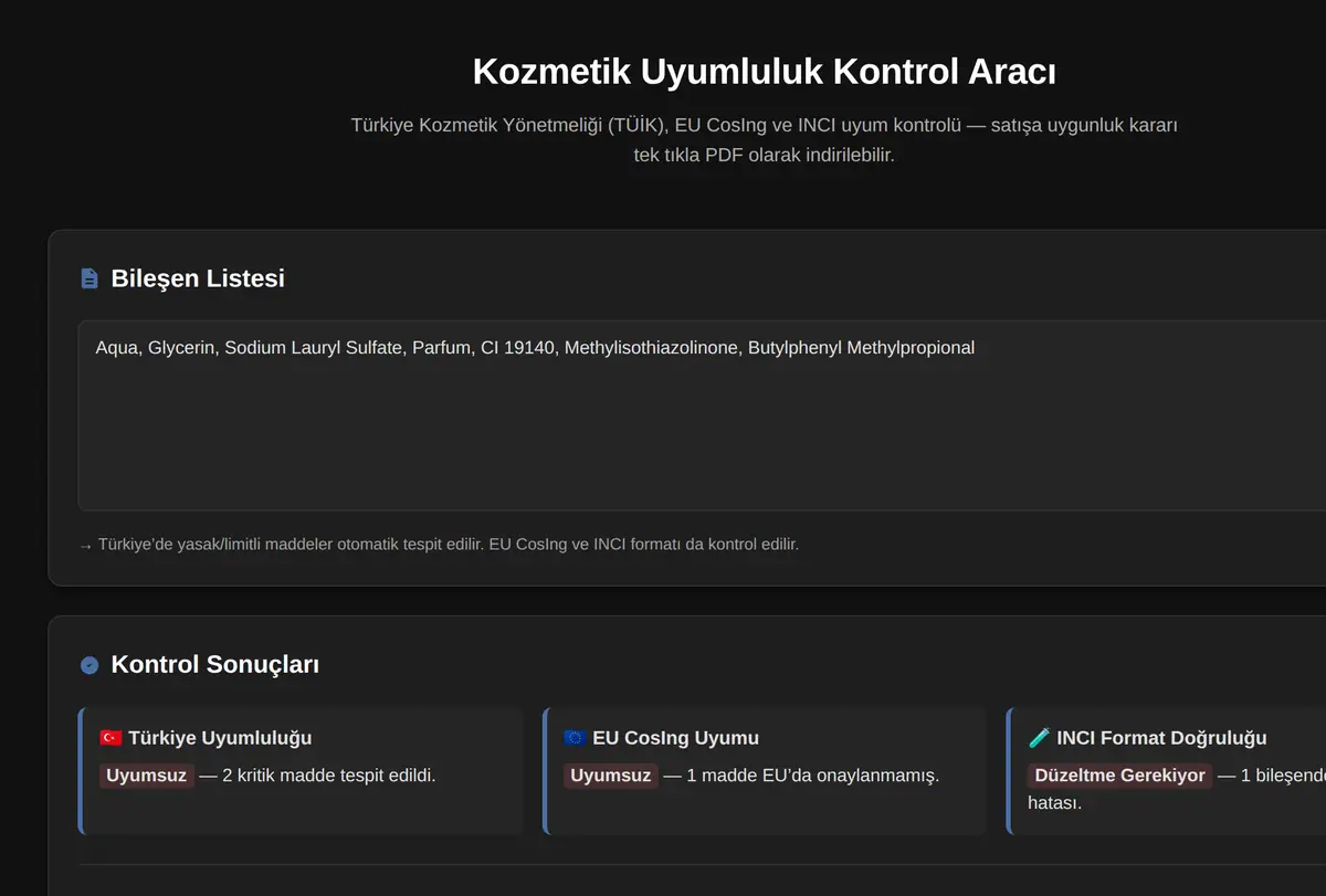 Kozmetik Uyumluluk Kontrol Aracı ekran görüntüsü