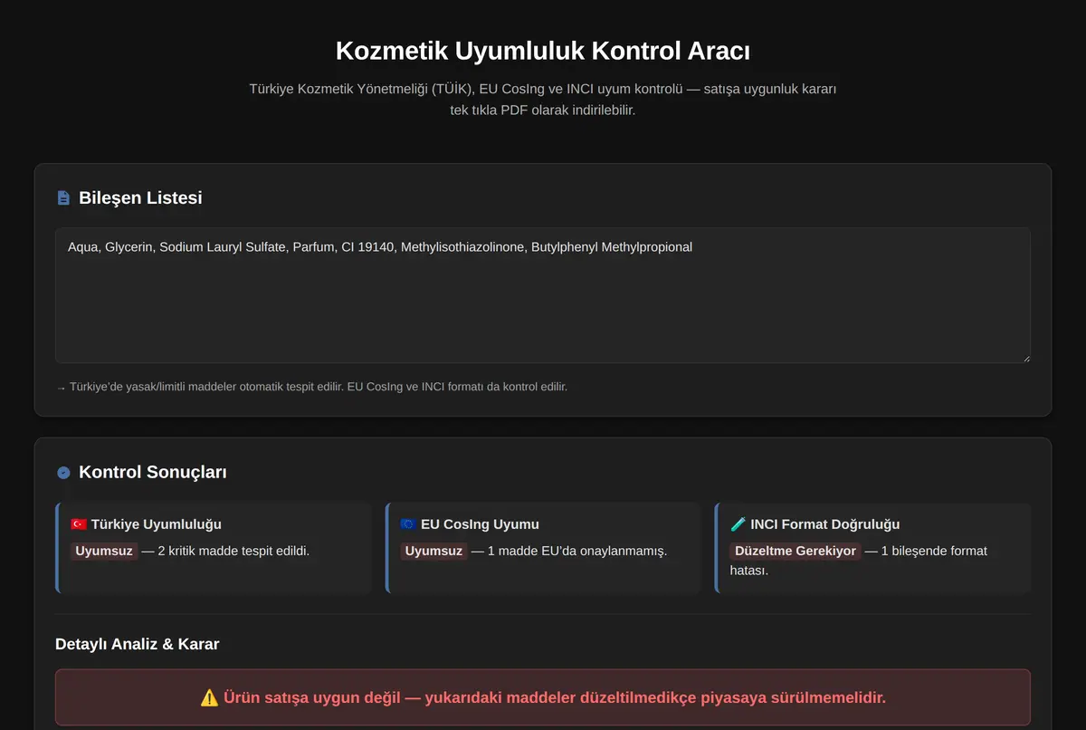 Kozmetik Uyumluluk Kontrol Aracı ekran görüntüsü 2
