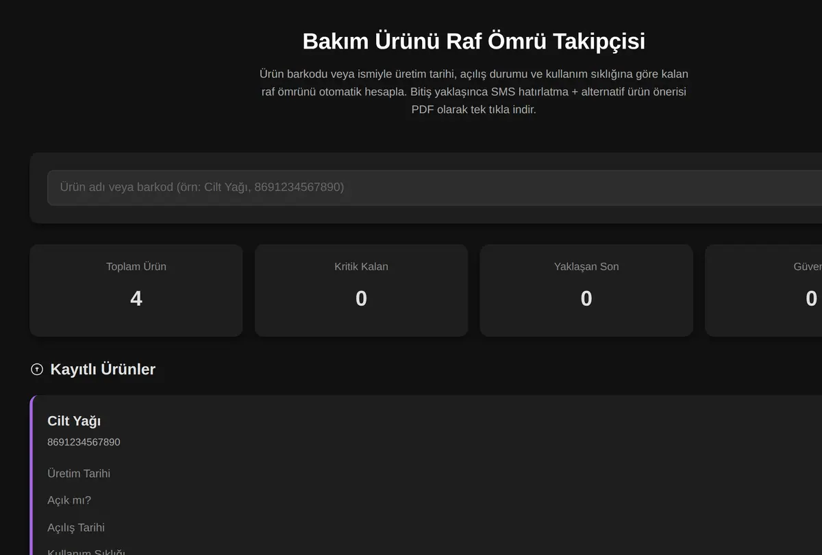 Bakım Ürünü Raf Ömrü Takipçisi ekran görüntüsü