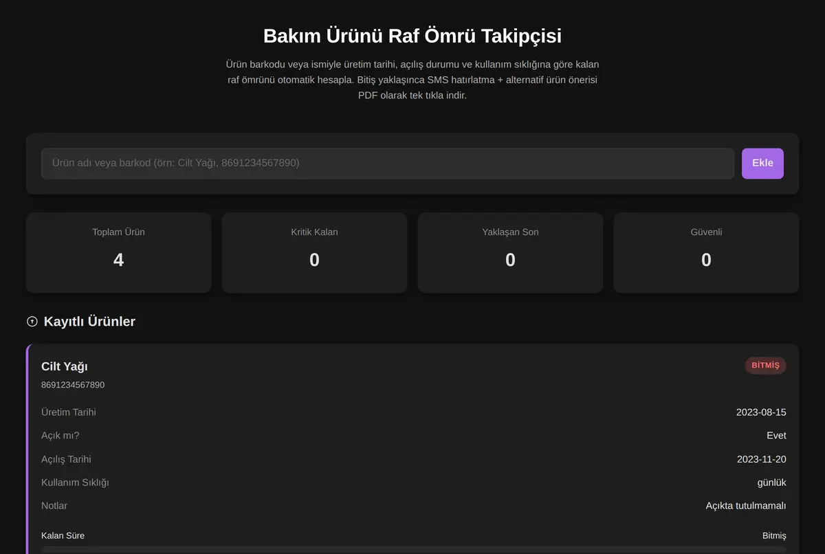 Bakım Ürünü Raf Ömrü Takipçisi ekran görüntüsü 2