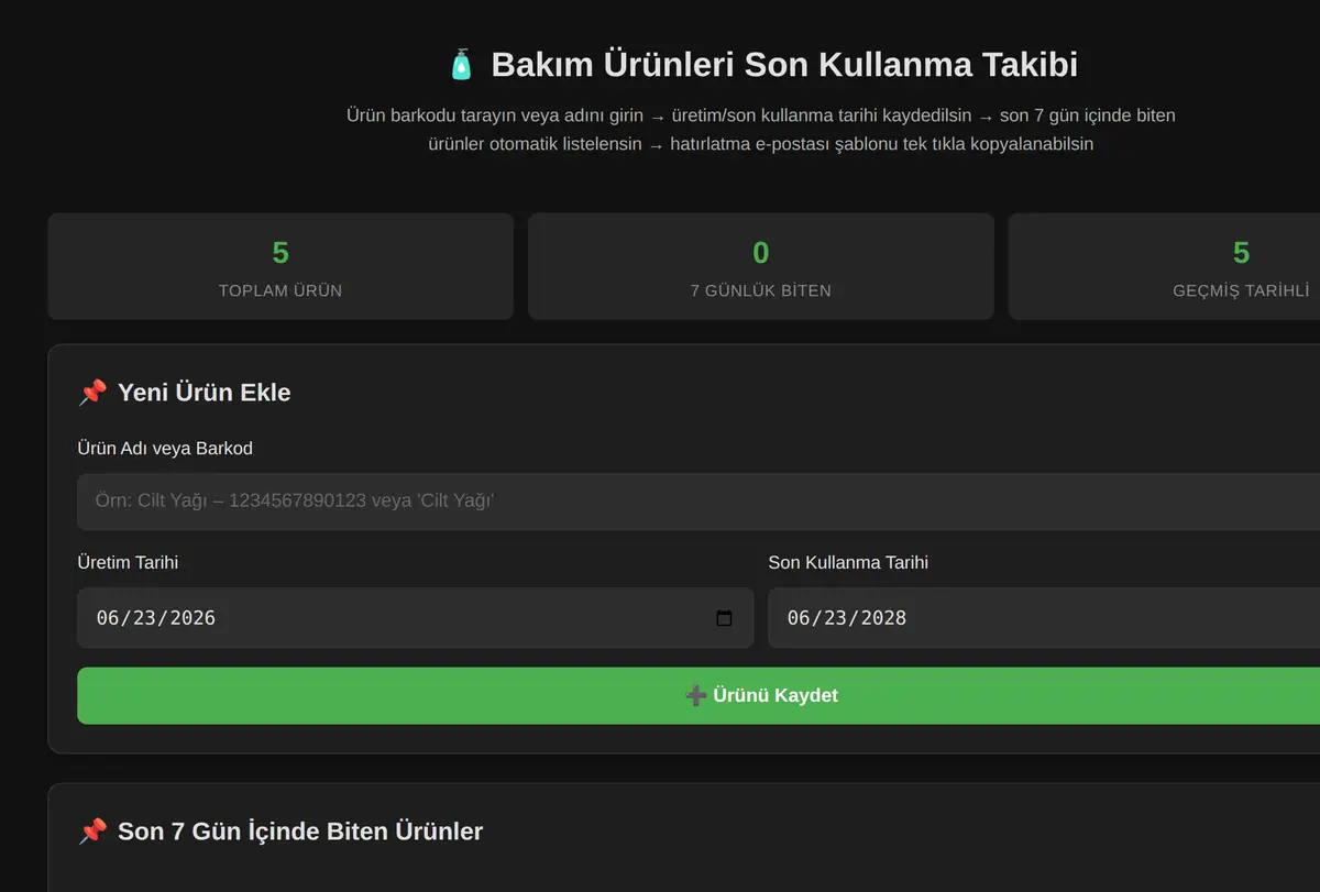 Bakım Ürünleri Son Kullanma Takibi ekran görüntüsü