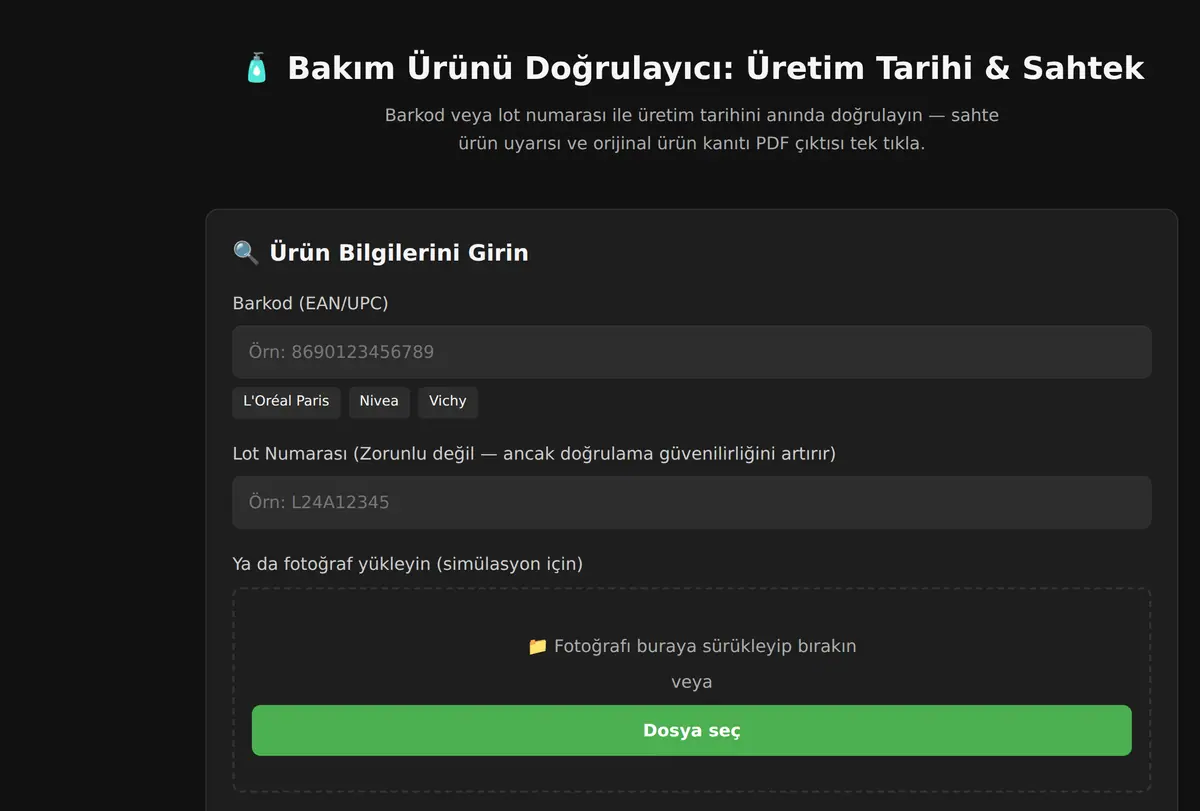 Bakım Ürünü Doğrulayıcı: Üretim Tarihi & Sahtek ekran görüntüsü