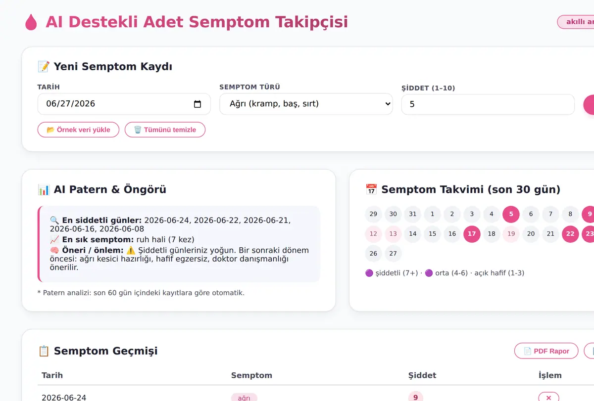 AI Destekli Adet Semptom Takipçisi ekran görüntüsü