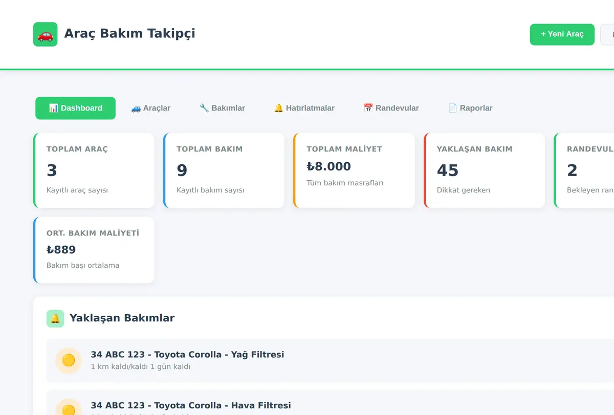 Araç Bakım Takipçi & Servis Randevu Başlatıcı ekran görüntüsü