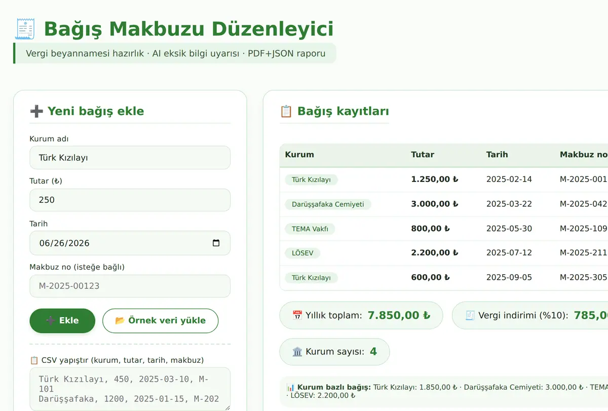 Bağış Makbuzu Düzenleyici ve Vergi Raporlama Aracı ekran görüntüsü