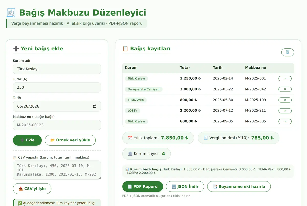 Bağış Makbuzu Düzenleyici ve Vergi Raporlama Aracı ekran görüntüsü 2