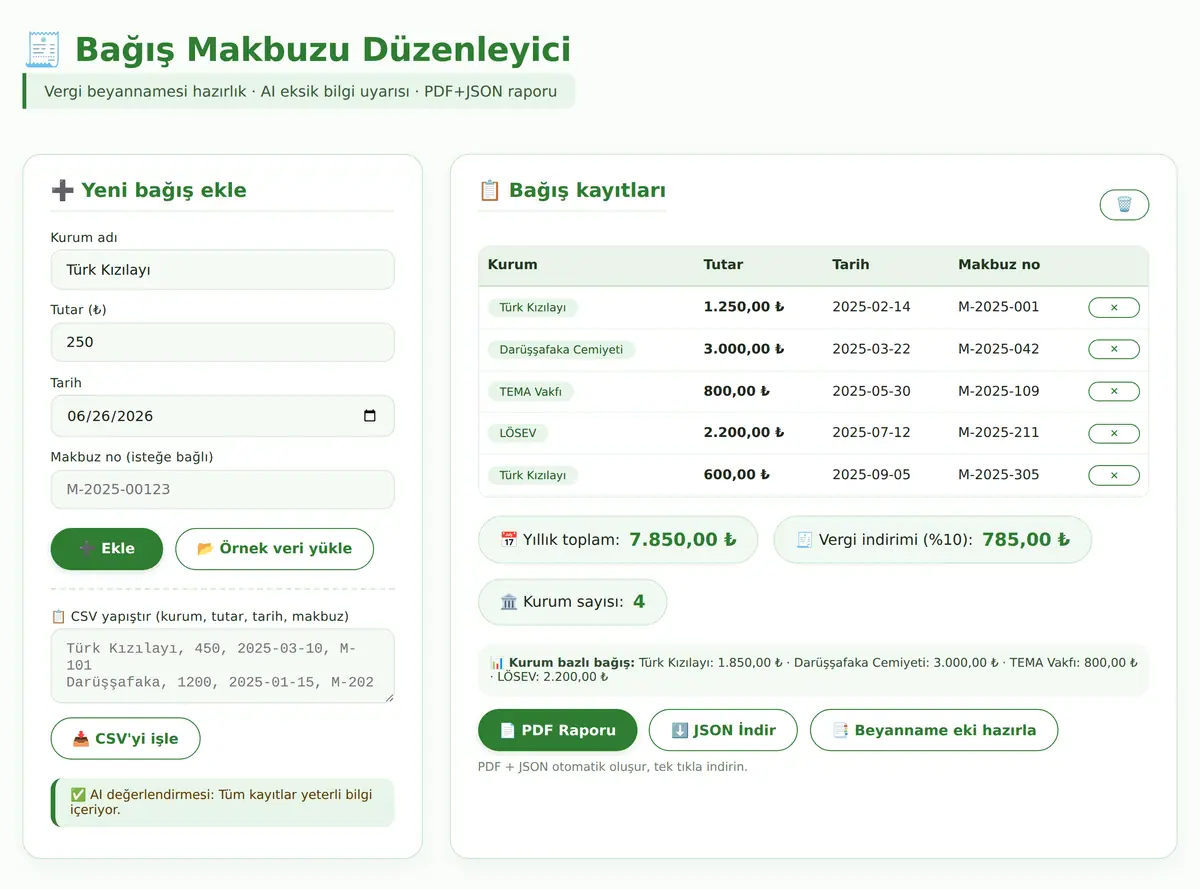 Bağış Makbuzu Düzenleyici ve Vergi Raporlama Aracı ekran görüntüsü 3