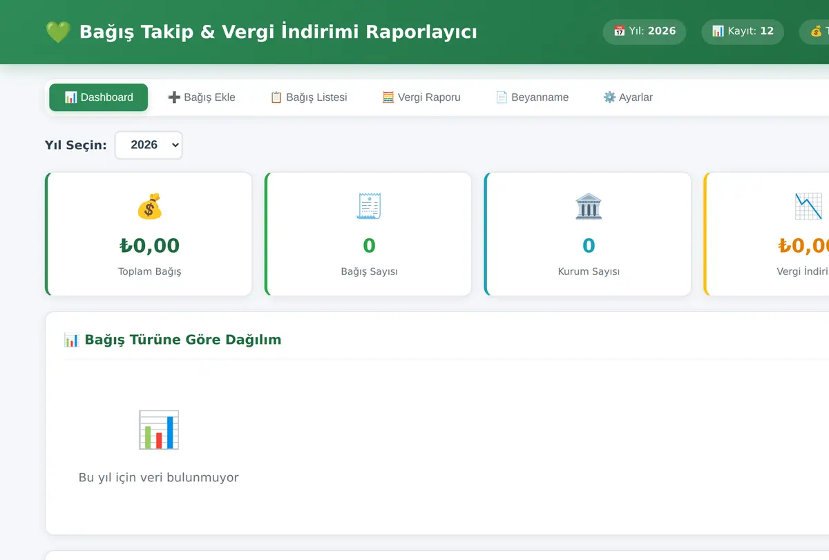 Bağış Takip & Vergi İndirimi Raporlayıcı ekran görüntüsü