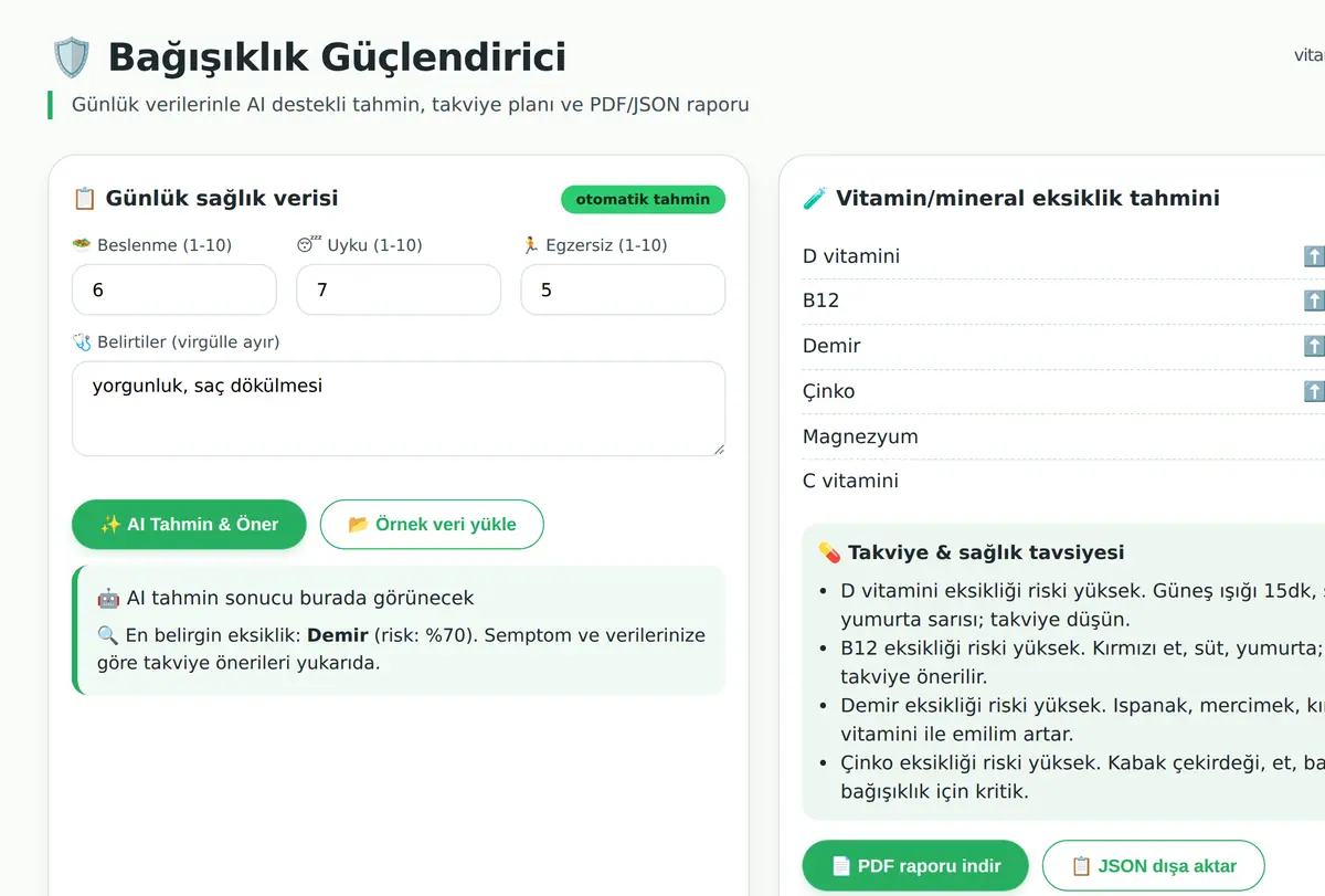 Bağışıklık Güçlendirici & Vitamin Eksiklik Tahmini ekran görüntüsü