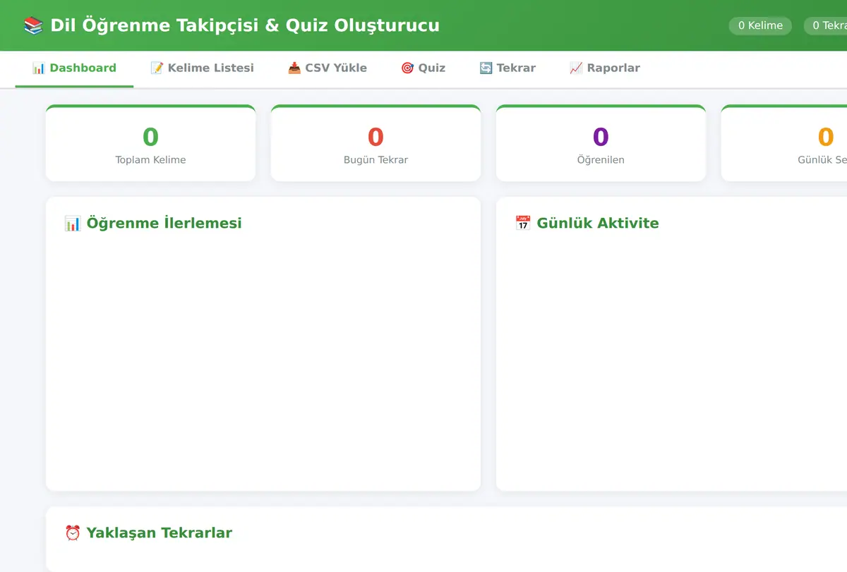 Dil Öğrenme Takipçisi & Quiz Oluşturucu ekran görüntüsü
