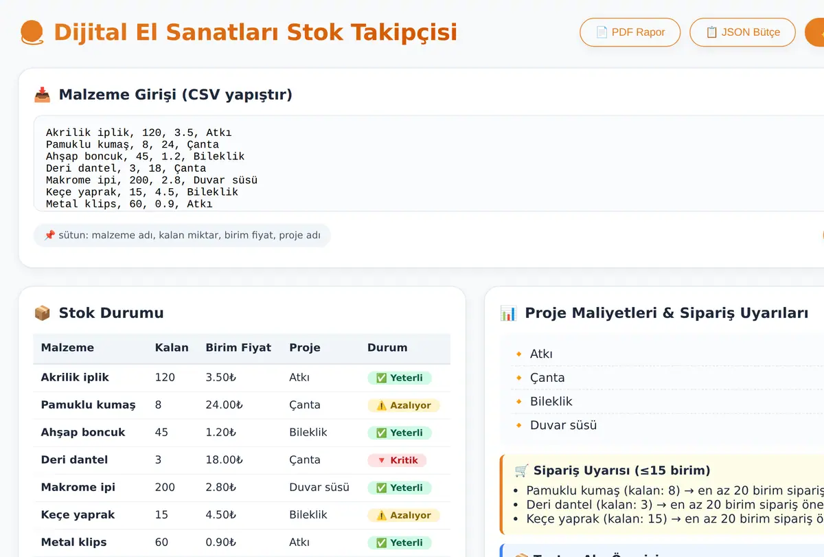 Dijital El Sanatları Stok Takipçisi ve Maliyet ekran görüntüsü