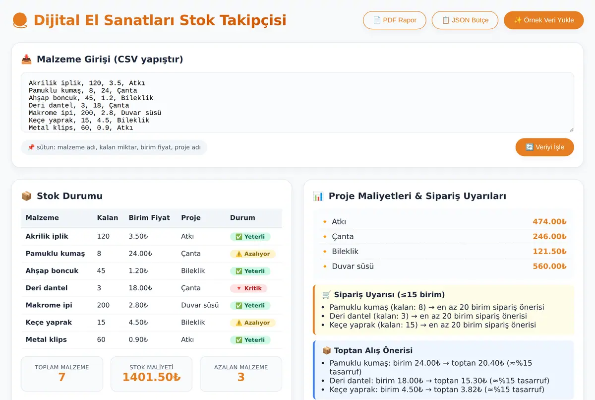 Dijital El Sanatları Stok Takipçisi ve Maliyet ekran görüntüsü 2