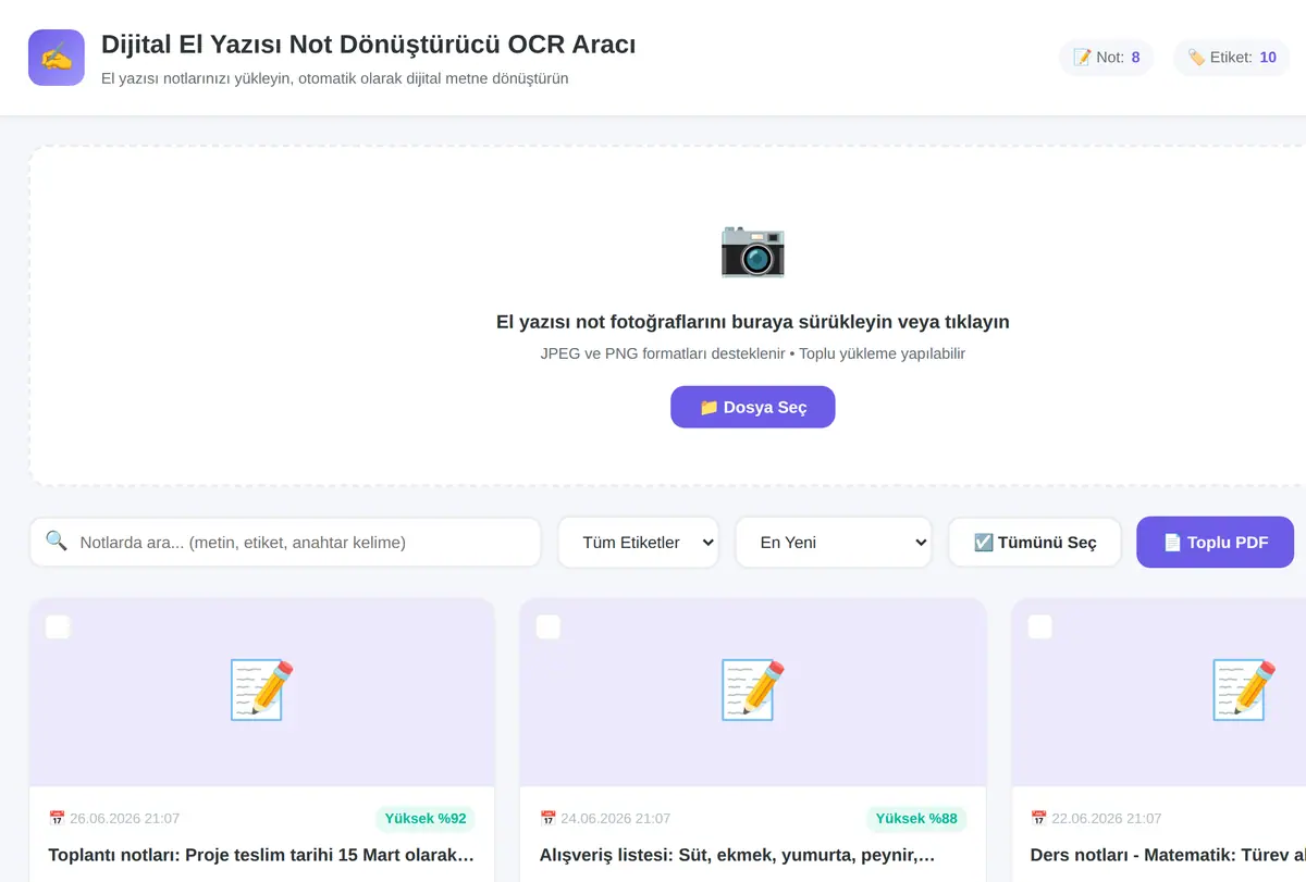 Dijital El Yazısı Not Dönüştürücü OCR Aracı ekran görüntüsü