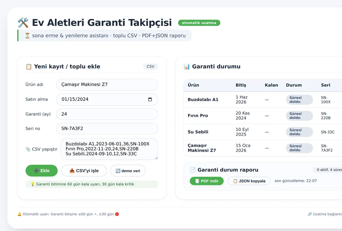 Ev Aletleri Garanti Takipçisi ve Uzatma Hatırla ekran görüntüsü