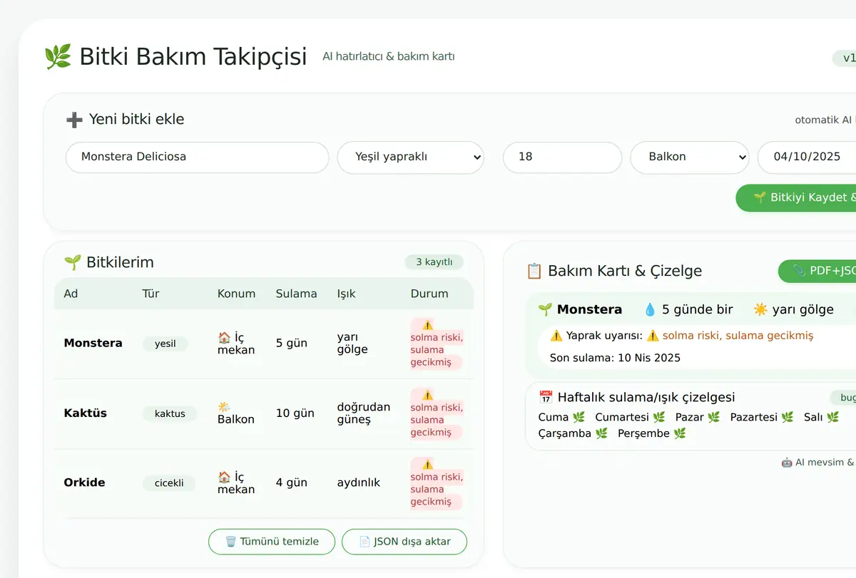 Bitki Bakım Takipçisi & AI Hatırlatıcı Aracı ekran görüntüsü