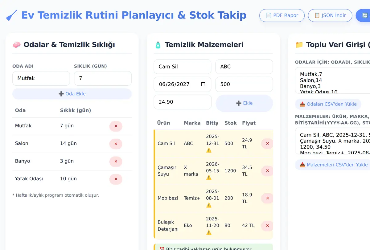 Ev Temizlik Rutini Planlayıcı & Stok Takip Arac ekran görüntüsü