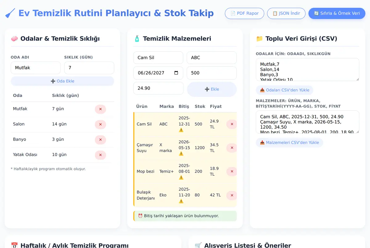 Ev Temizlik Rutini Planlayıcı & Stok Takip Arac ekran görüntüsü 2